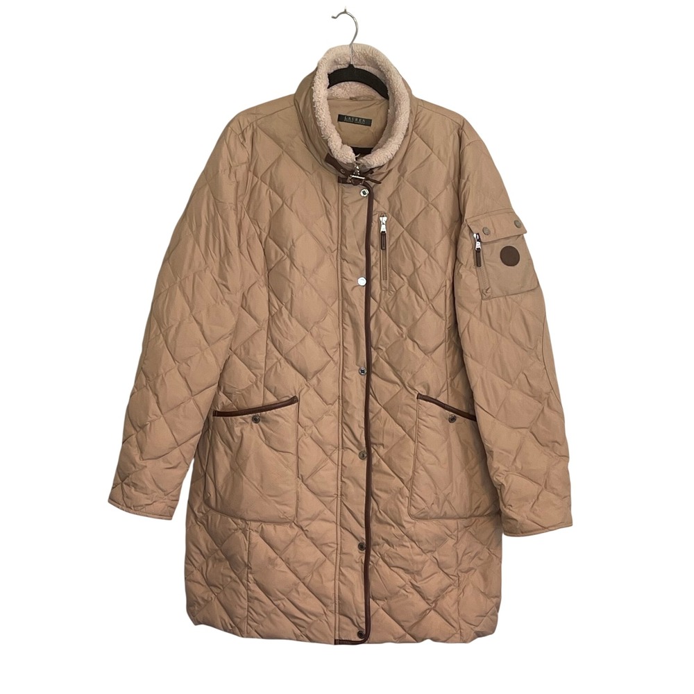 Lauren Ralph Lauren Tan Quilted Down Puffer Coat Faux Leather Trim XL Khaki